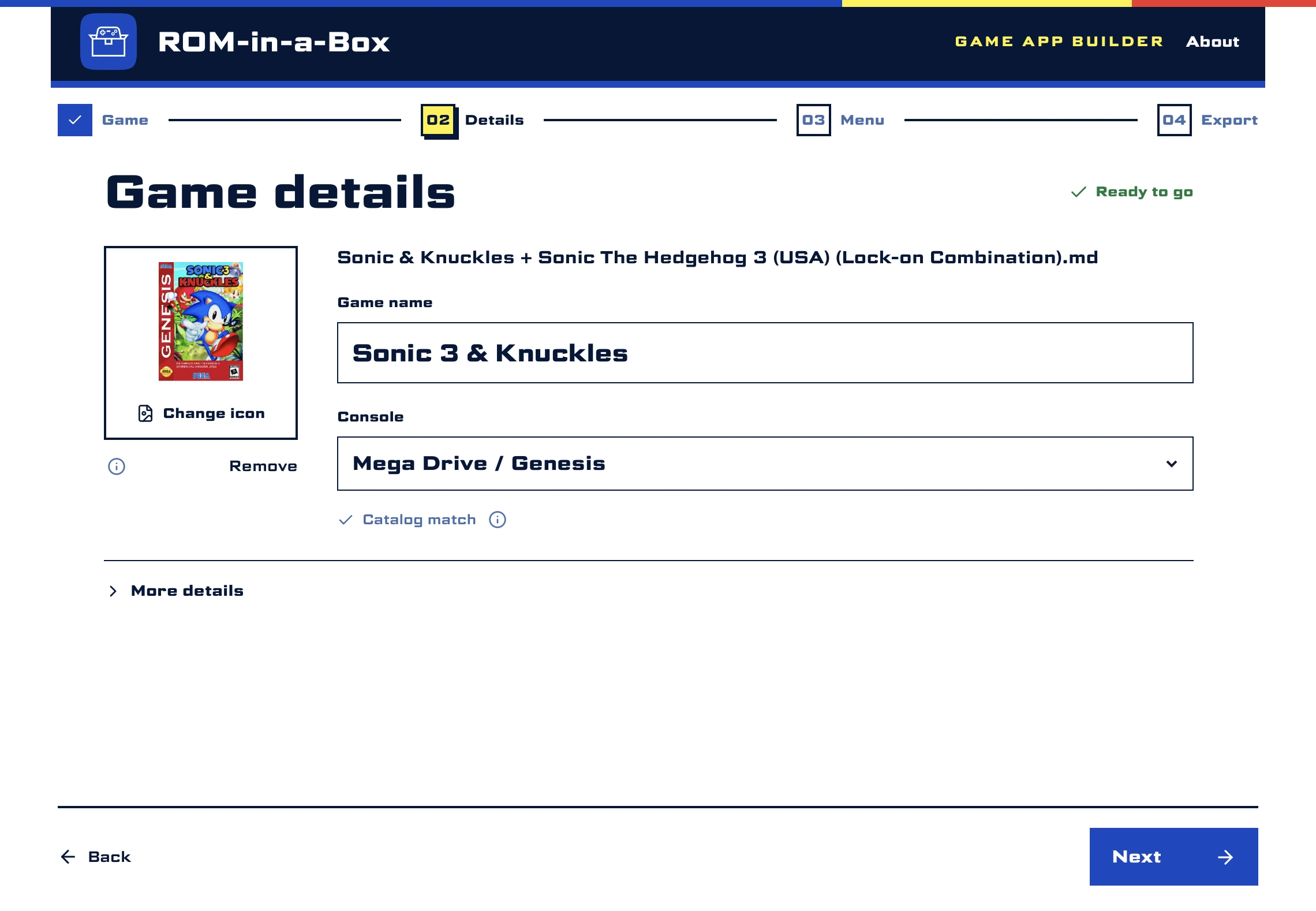 The details step, with the game's name and console filled in