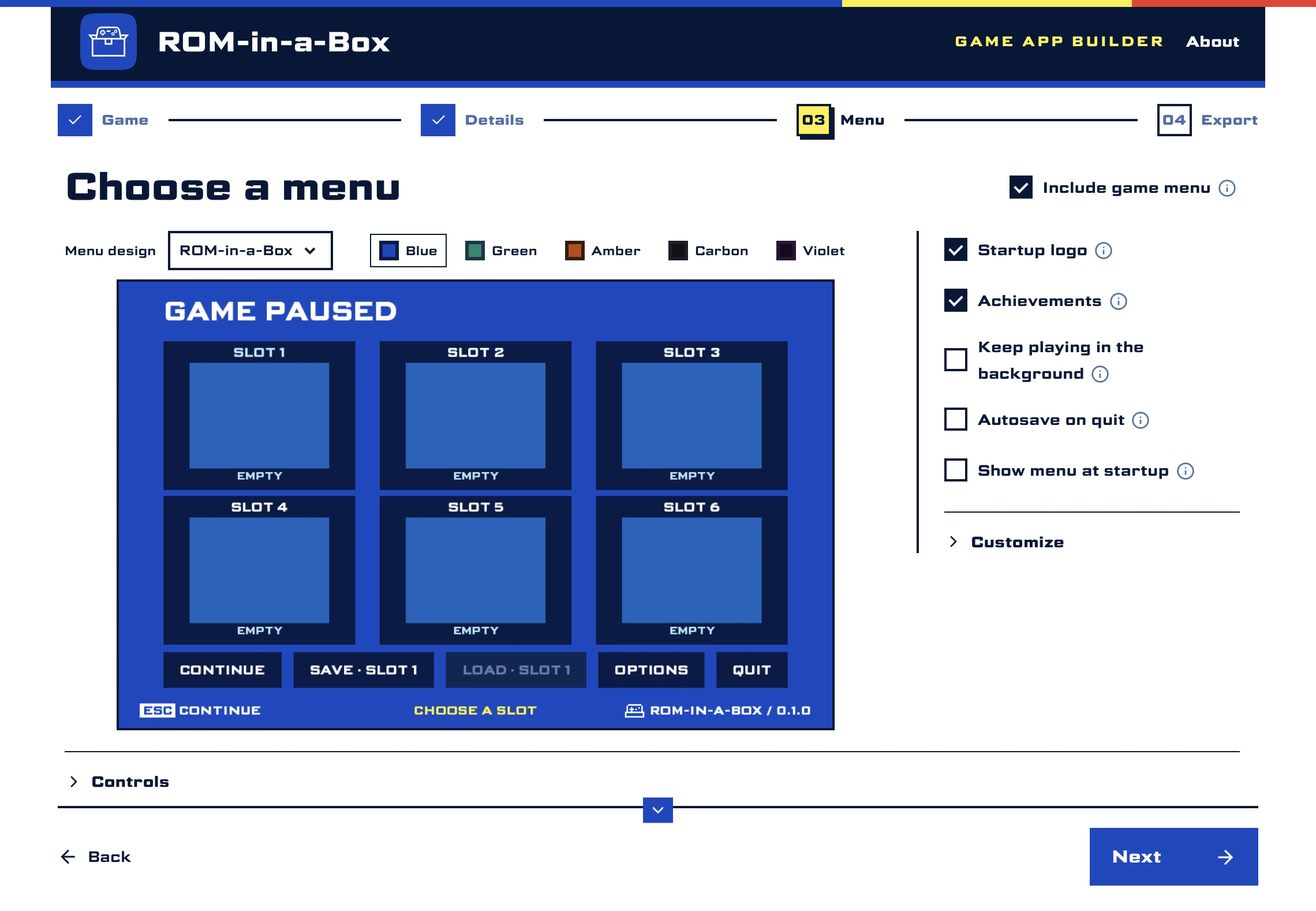 The menu step, with a preview of the in-game menu
