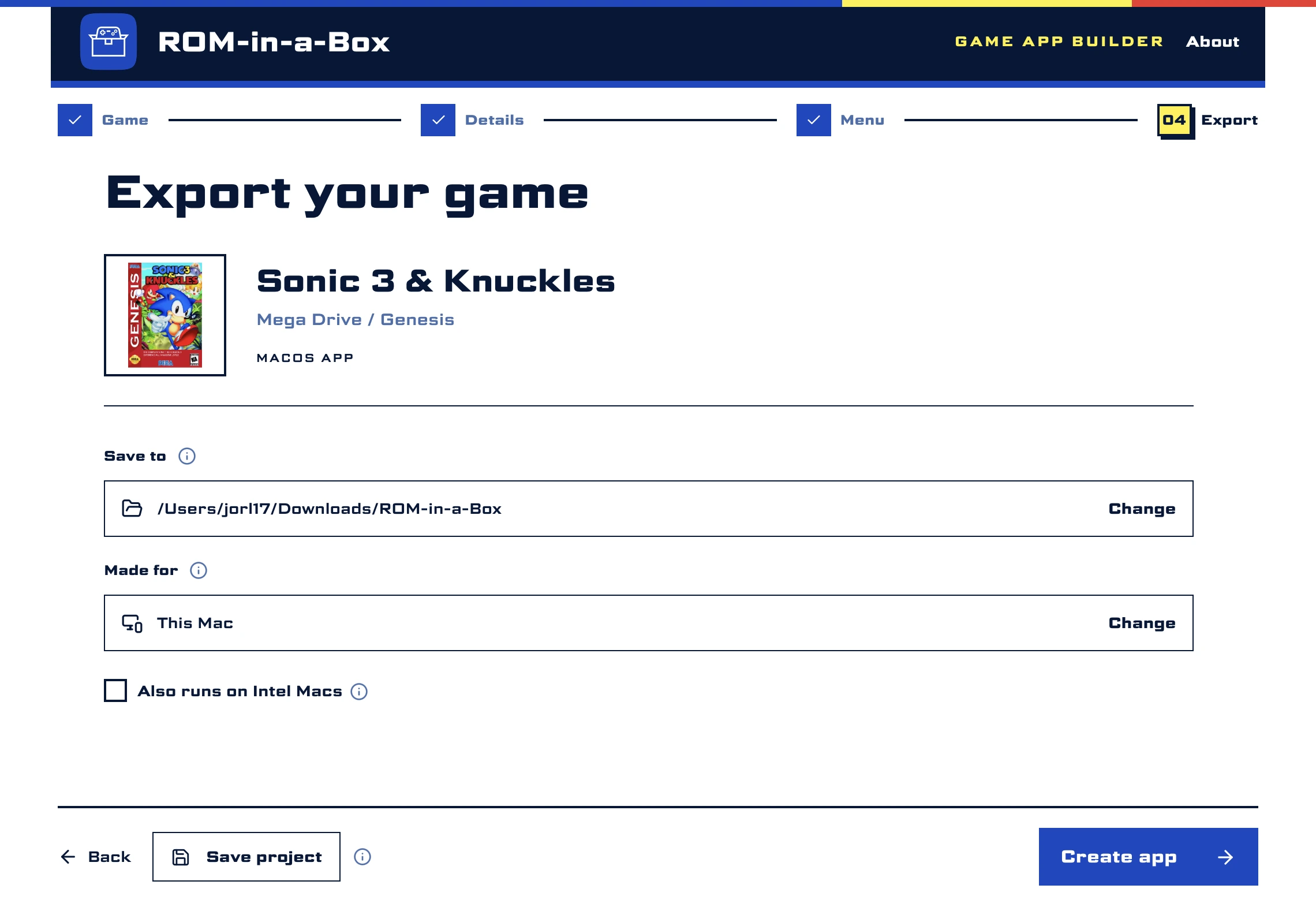 The export step, with the app's name and the systems to make it for