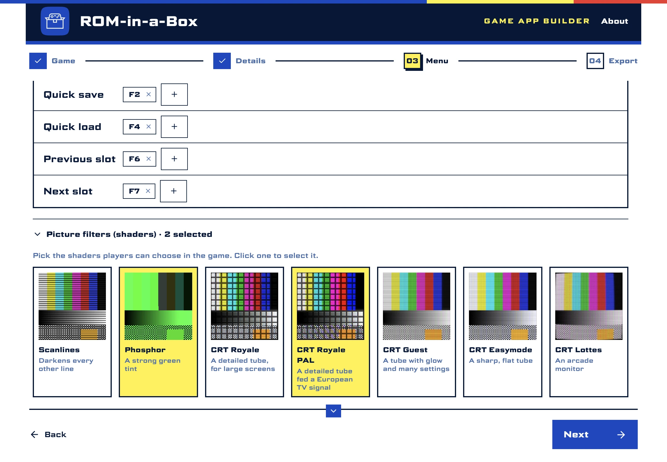 The builder's advanced options: hotkeys, and picture filters with two shaders chosen